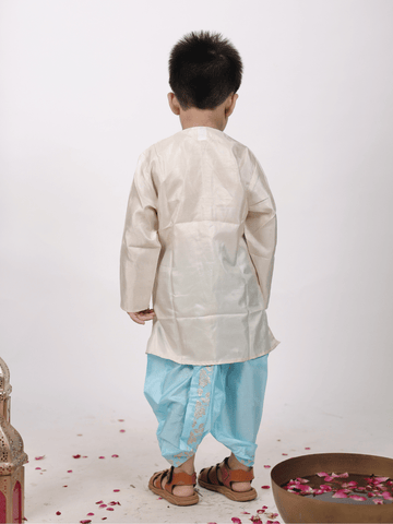 Kid One Jacquard Kurta Dhoti With Attached Jacket Set For Boys Skyblue