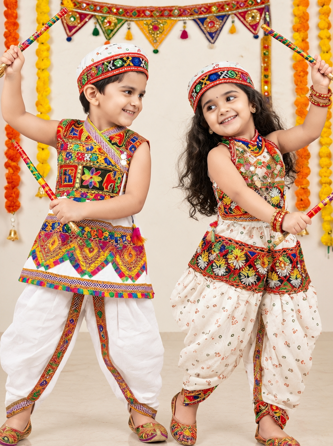 Kid One Navratri Printed Cotton Top Dhoti With Cap Set For Girls With Printed Sleeveless Cotton Kedia Set For Boys White