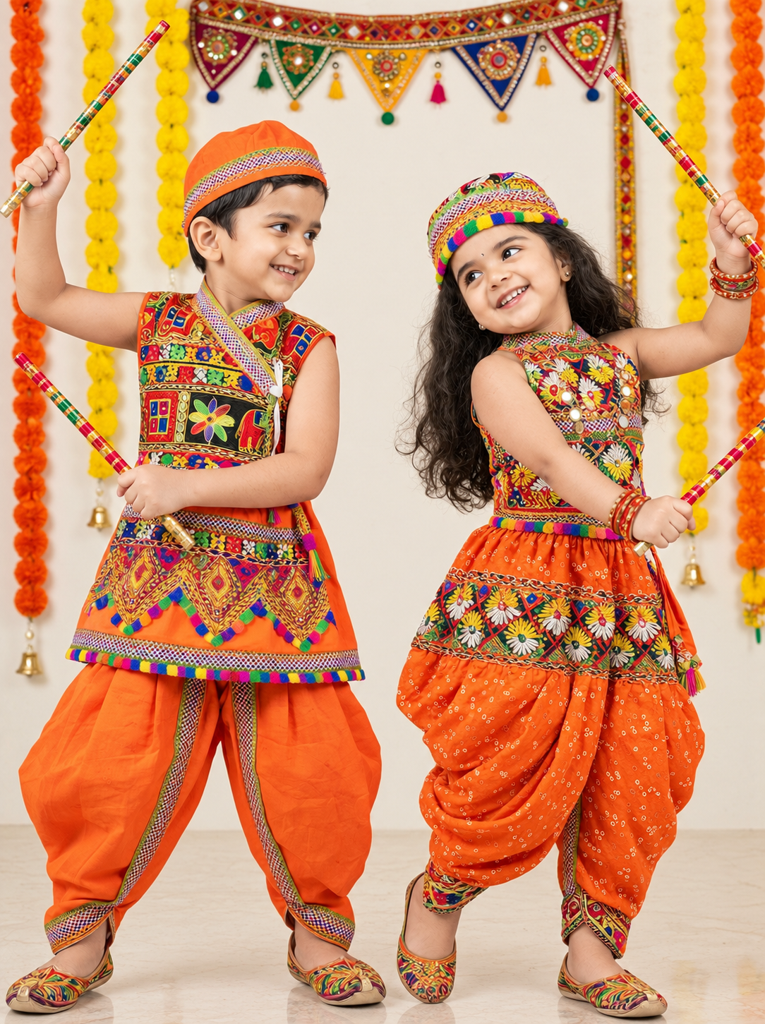 Kid One Navratri Printed Cotton Top Dhoti With Cap Set For Girls With Printed Sleeveless Cotton Kedia Set For Boys Orange