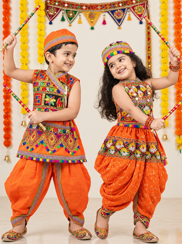 Kid One Navratri Printed Cotton Top Dhoti With Cap Set For Girls With Printed Sleeveless Cotton Kedia Set For Boys Orange
