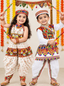 Kid One Navratri Printed Cotton Top Dhoti With Cap Set For Girls With Printed Cotton Kedia Set For Boys White