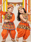 Kid One Navratri Printed Cotton Top Dhoti With Cap Set For Girls With Printed Cotton Kedia Set For Boys Orange