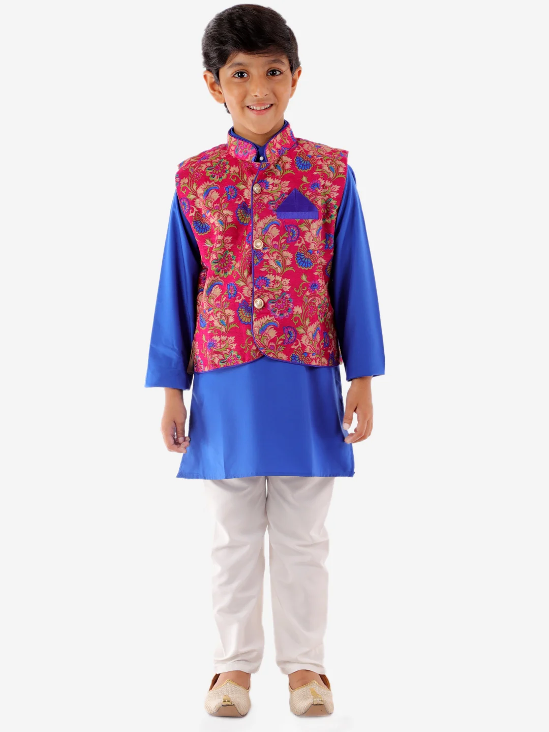 Blue Silk Kids Kurta Pajama With Jacket 258945