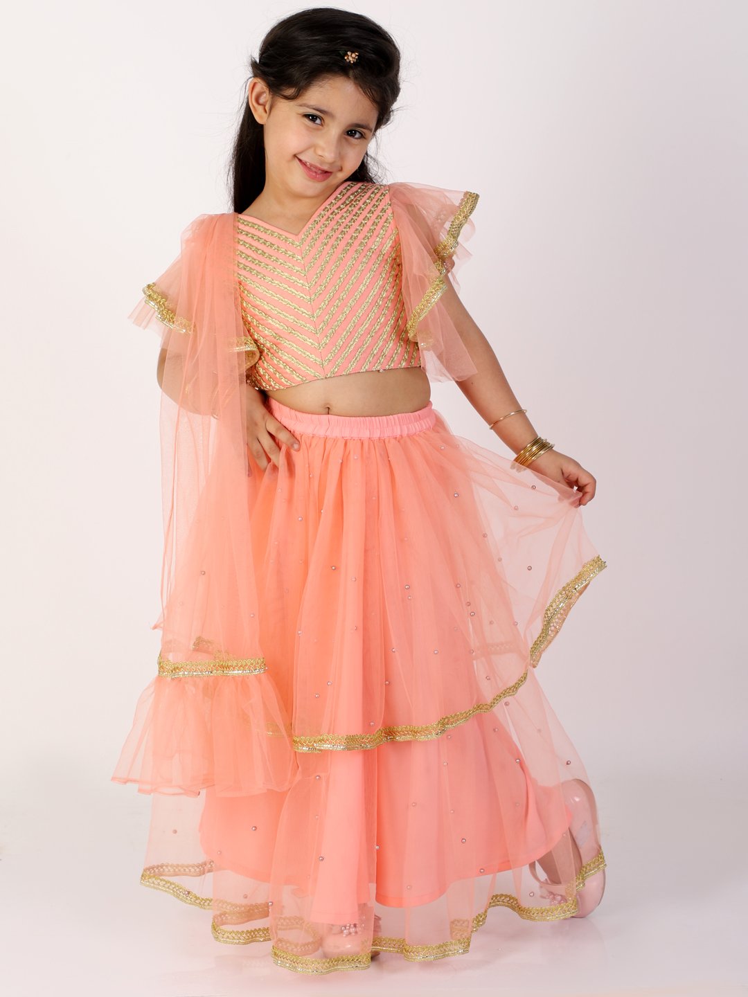 Buy Kinder Kids Frill Sleeves Floral Embroidered Choli With Lurex Striped &  Gota Lace Embellished Lehenga & Dupatta Yellow & Pink for Girls (3-4Years)  Online in India, Shop at FirstCry.com - 14803027