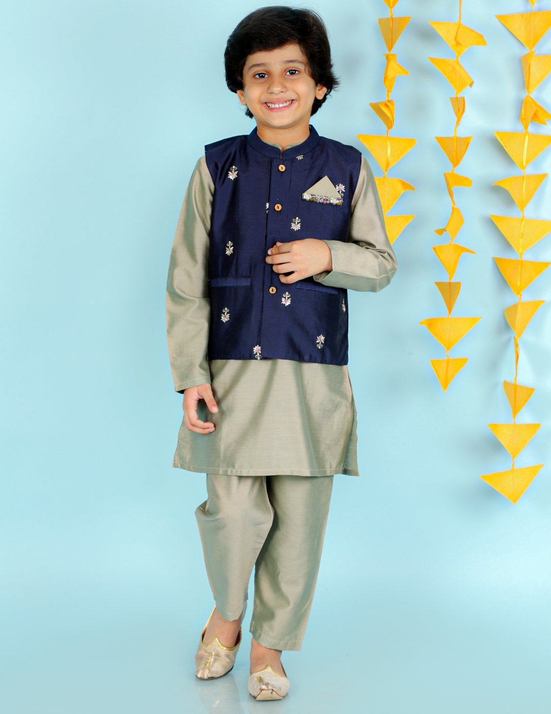 Blue Boys Silk Kurta Pajama With Printed Cream Jacket – Mehak Boutique